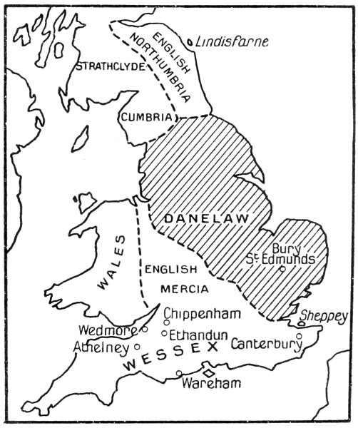 Map of England including the area known as the Danelaw