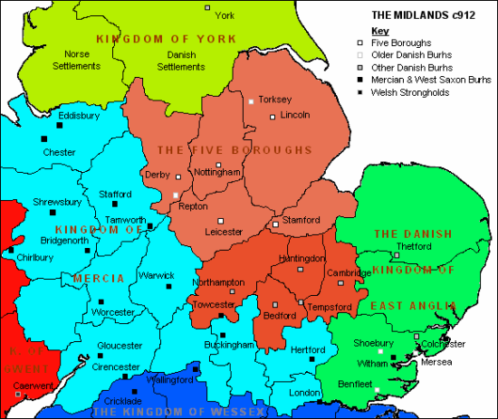 Map of the Midlands of England c. 912 showing the Five Boroughs and Danish areas (Image by Robin Boulby from Wikimedia Commons)