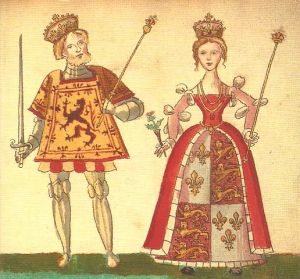 King James I of Scotland and his wife Joan Beaufort from the Forman Armorial, 1562