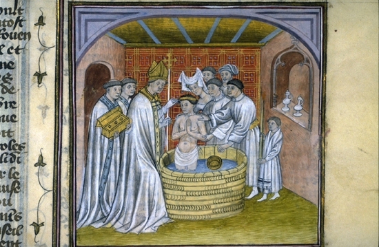 Depiction of the baptism of Rollo, from a fourteenth-century French manuscript, Toulouse Library.