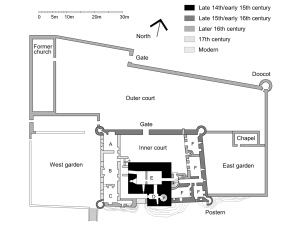 Ground floor plan of Craigmillar Castle.  Key: A=Kitchen, B=Dining Room, C=Chamber, D=Tower entrance, E=Tower cellars, F=East range cellars (Photo by Jonathan Oldenbuck from Wikimedia Commons)