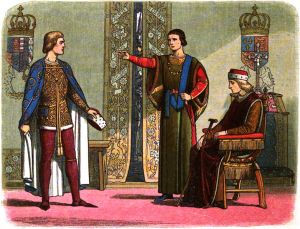 Henry VI sits while Richard Plantagenet, 3rd Duke of York, and Edmund Beaufort, 2nd Duke of Somerset, have an argument.  Engraving by Edmund Evans from 