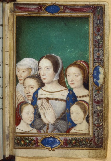Claude de France (1499-1524), her daughters (Charlotte, Madeleine and Marguerite), her sister Renée and Eleonore of Habsbourg, in Livre d'heures de Catherine de Medicis.