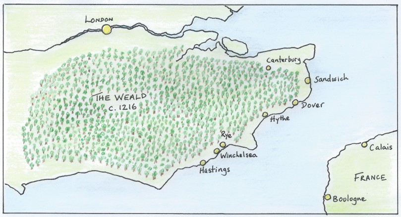 Map of southern England showing the Weald